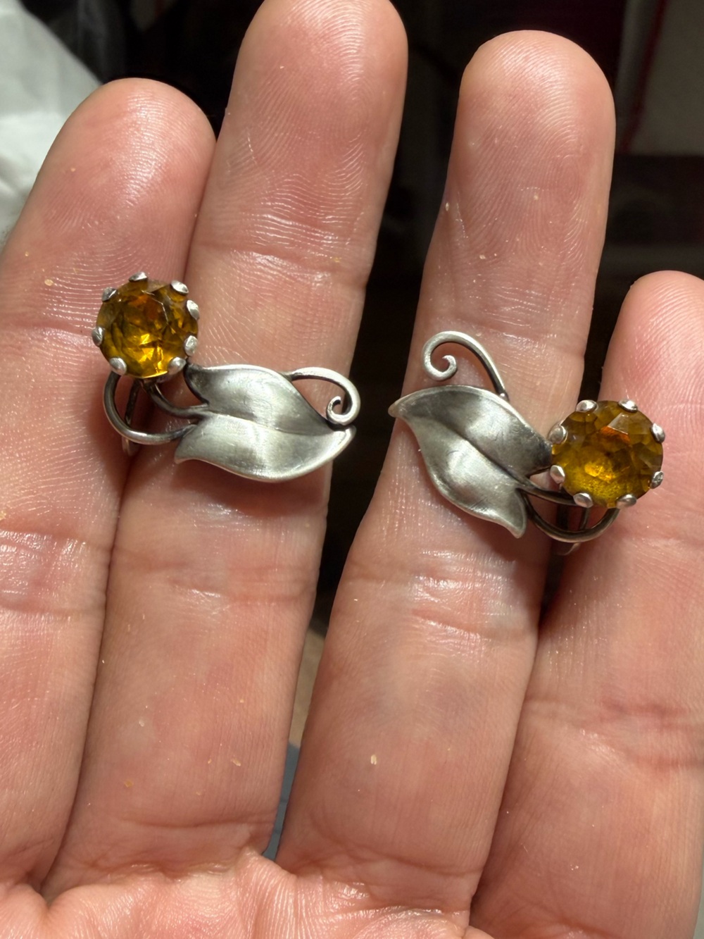 Vintage Sterling Silver Citrine Leaf Screw Back Earrings